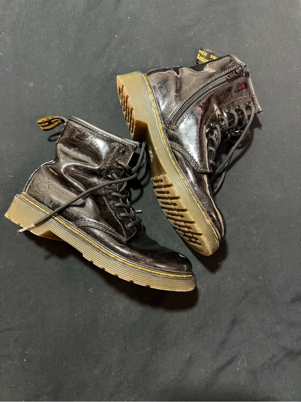 Dr. Martens 1460 Junior Glitter Black Patent Leather Boots with Yellow Stitching
